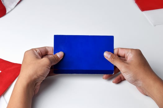 A person holds and shows a blue savings account book photo