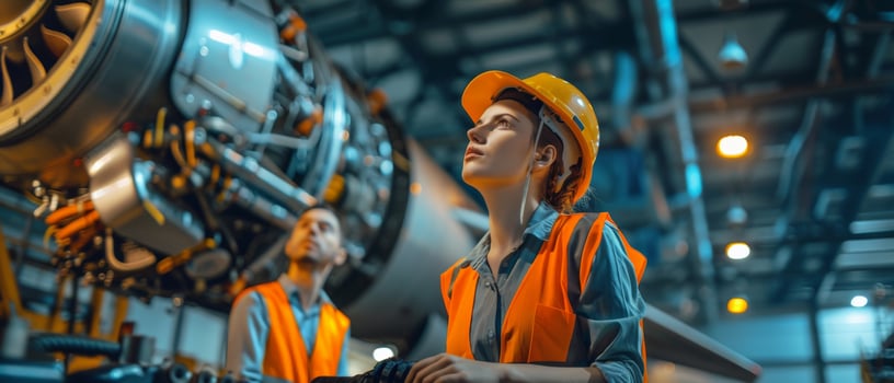 Two engineers in hard hats and safety vests inspect a jet engine in a modern factory. photo