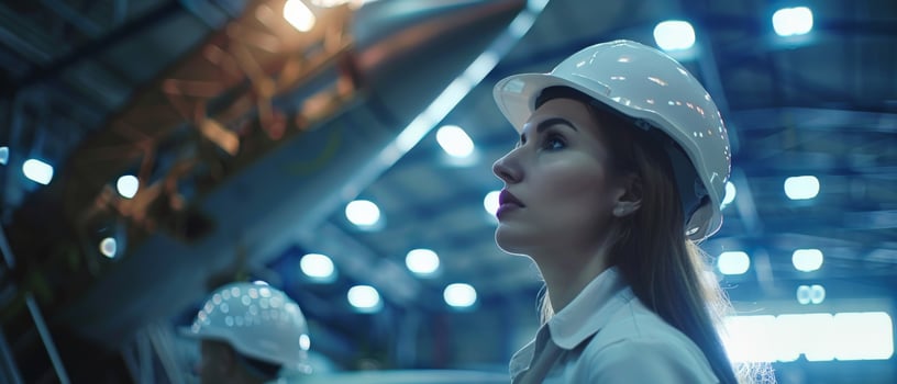 Thoughtful female engineer wearing hard hat looking at the progress of the construction project photo
