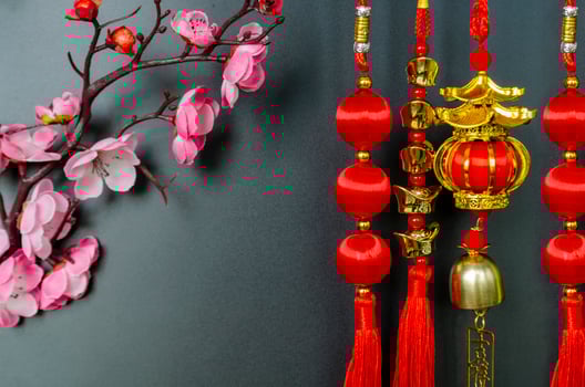 Chinese New Year decoration with Chinese Character on hanging lantern meaning safe journey and blessing with customizable space for text photo