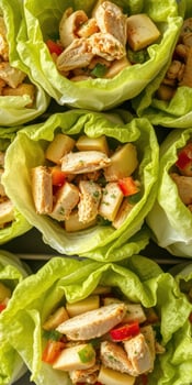 Fresh lettuce wraps filled with chicken, vegetables, and spices perfect for a healthy meal or appetizer photo