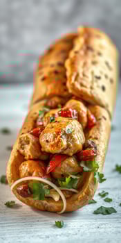 Savory chicken wrap filled with spices, vegetables, and fresh herbs on a light wooden surface photo