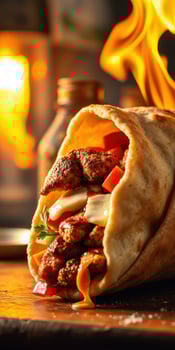Delicious wrap filled with grilled meat and fresh vegetables against a warm background photo