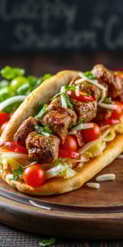 Delicious grilled meat sandwich topped with fresh vegetables and herbs enjoyed in a cozy setting photo