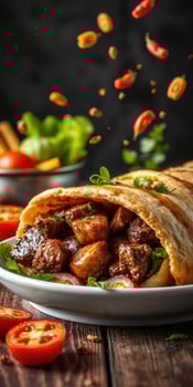 Savory meat wrap garnished with fresh vegetables in a rustic setting photo