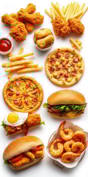 Diverse assortment of fast foods including fried chicken, pizzas, burgers, and shrimp served on a white background photo