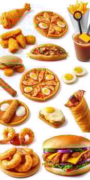 Delicious assortment of comfort foods featuring fried chicken, pizza, burgers, and seafood on a bright background photo