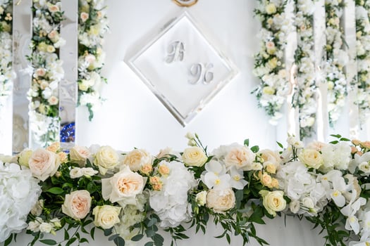 Wedding interior restaurant flowers, blossom floral decorations, white bloom for wedding ceremony photo