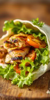 Freshly wrapped grilled chicken wrap with lettuce and tomatoes on a wooden surface photo