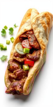 Savory grilled meat wrapped in soft bread with fresh vegetables served on a white background photo