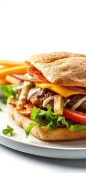 Delicious sandwich with bacon, cheese, and fresh vegetables served with golden fries on a white plate photo