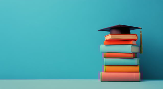 Graduation cap resting on stack of colorful books against teal wall in a study area photo