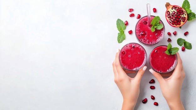 Colorful drinks with pomegranate and evergreen decorations on a light background photo