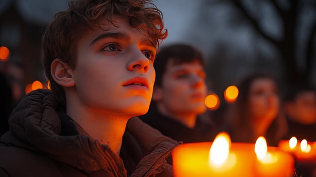 Candlelight vigil with individuals holding candles and reflecting in a somber atmosphere outdoors photo