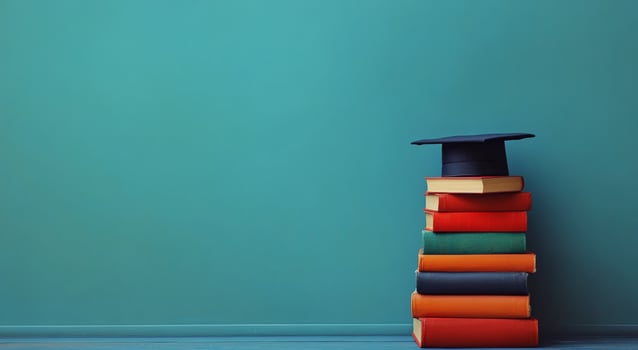 Graduation cap resting on stack of colorful books against teal wall in a study area photo