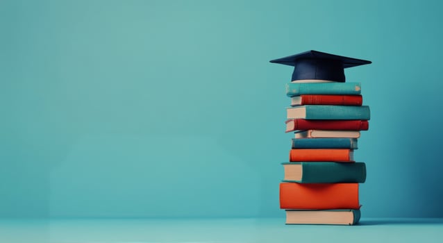 Graduation cap resting on stack of colorful books against teal wall in a study area photo