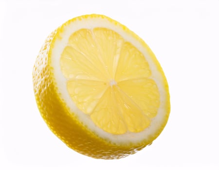 Falling fresh lemon slices floating in the air, isolated on white background photo