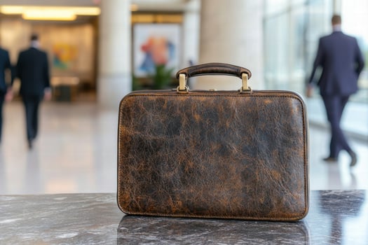 Vintage leather briefcase on marble table photo