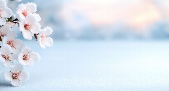 Delicate pink flowers covered in snow photo