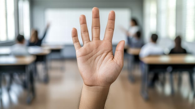 Raised hand in classroom photo