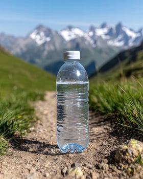 refreshing water bottle in mountain landscape photo