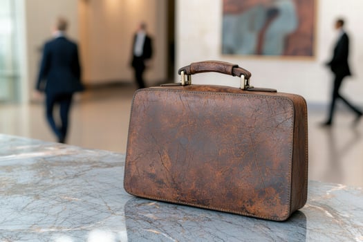 Vintage leather briefcase on marble table photo