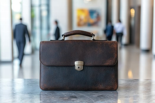 Elegant leather briefcase on marble table photo