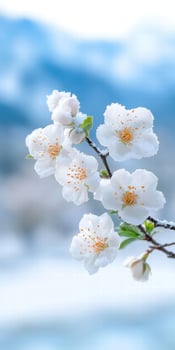 Delicate white cherry blossoms covered in snow photo