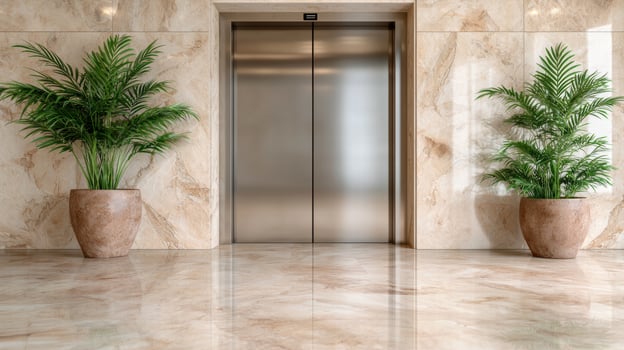 modern elevator lobby with tropical plants photo