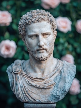 Marble bust of a bearded man in a garden photo