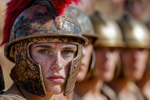 Warrior with intense gaze wearing ancient helmet photo