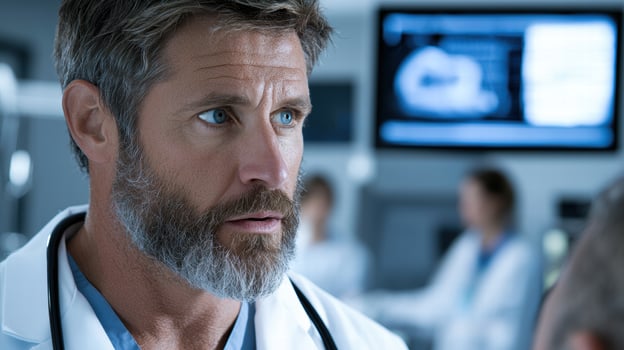 Serious doctor examining medical scan photo