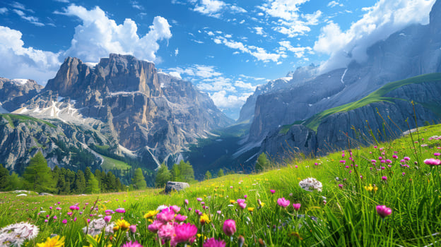 Majestic Mountain Range with Blooming Wildflowers in a Sunny Meadow photo