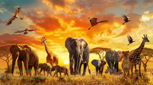 African Savanna Wildlife Gathering at Sunset photo