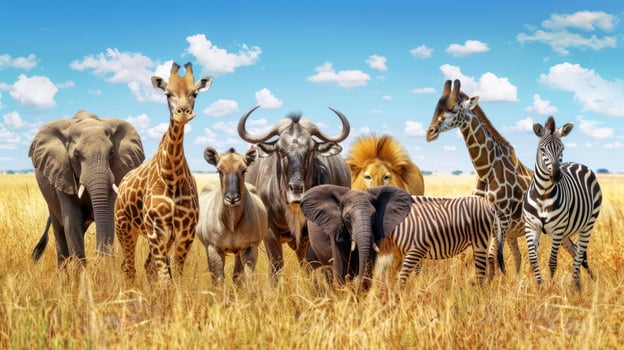 Diverse African Wildlife Grouped Together in Savanna Grassland photo