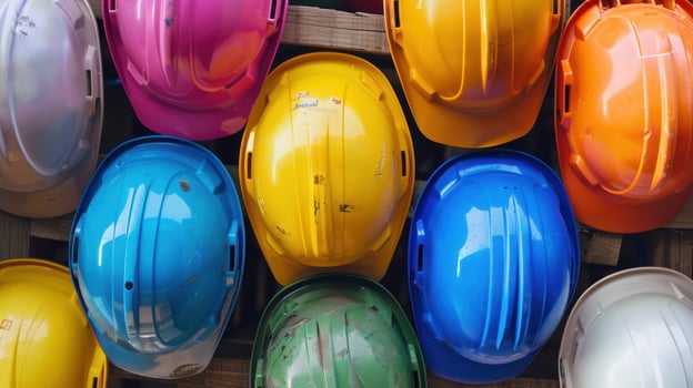 Colorful Hard Hats Arranged in a Row photo