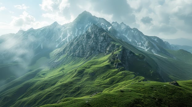 Majestic Mountain Range with Rolling Green Hills and Patches of Snow photo