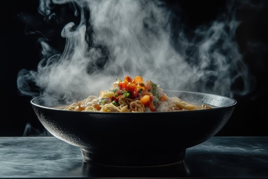 Steaming Bowl Of Noodles With Vegetables photo