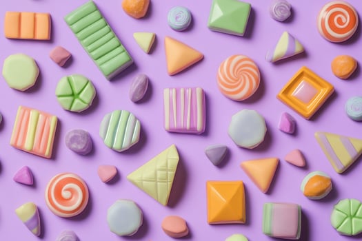 Pastel Candies Arranged In Geometric Shapes On Purple Background photo