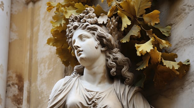 Ornate stone statue with autumn leaves photo