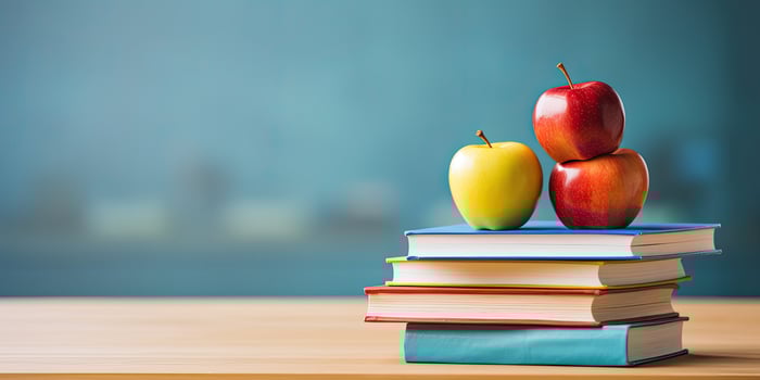 Apples and books on a wooden table photo