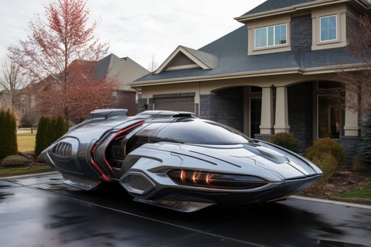 Futuristic sports car parked in front of modern house photo