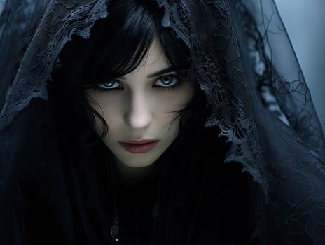 Mysterious woman in dark hooded cloak photo