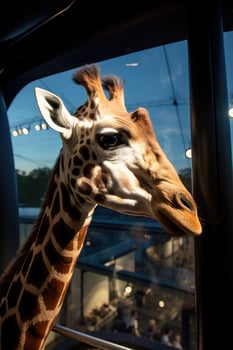 Curious giraffe looking through glass window photo