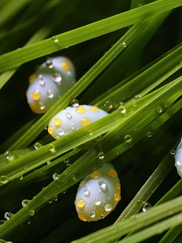 Dew drops on green grass blades photo