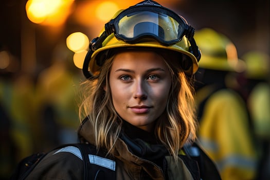 firefighter in protective gear looking determined photo