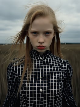 Pensive young woman with windblown hair photo