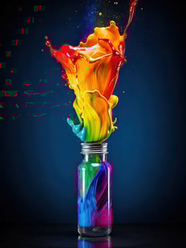 Colorful paint splash in glass bottle photo