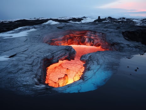Glowing lava flow in icy landscape photo