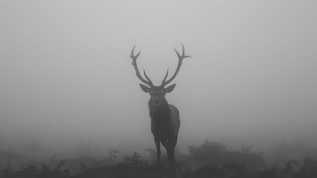 Majestic Red Deer Buck Standing in Foggy Forest photo